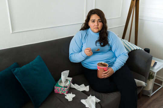 Depressed Fat Woman Eating Ice Cream Feeling Sad