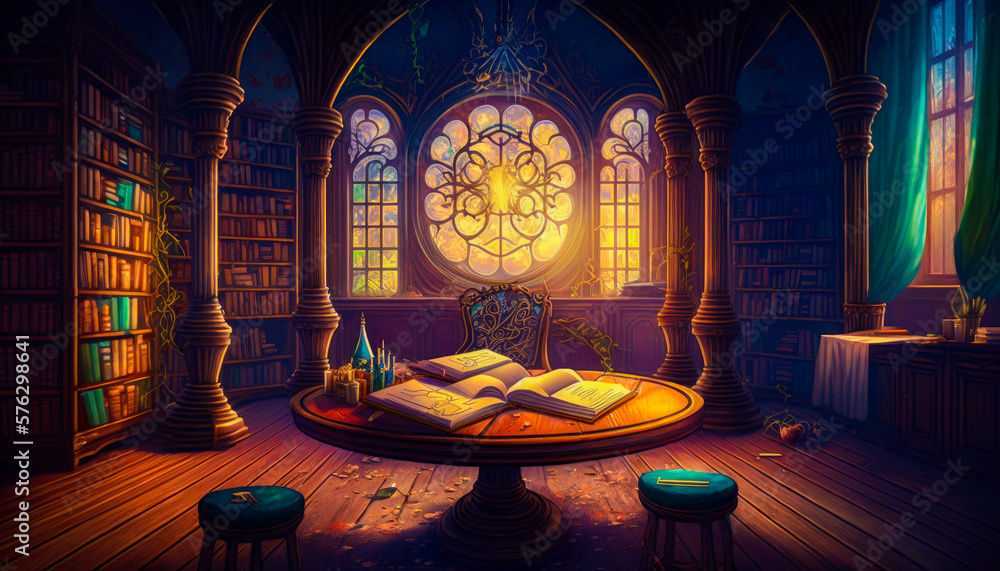 Aufkleber room with table and book on it. fantasy. generative ai.