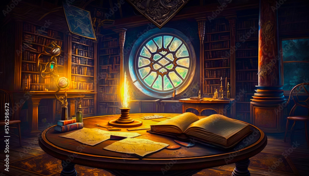 Aufkleber table with book and candle on it. fantasy. generative ai.