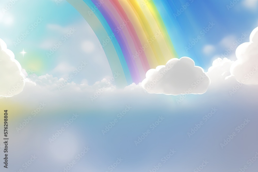 Poster sunshine and a rainbow form a surreal backdrop in this white cloudscape. soft, hazy hues conjure up 