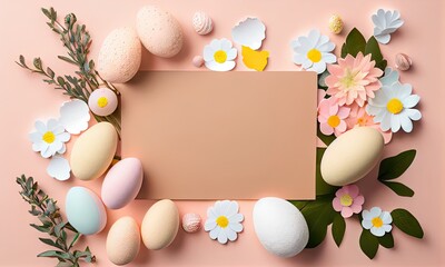 Naklejka na ściany i meble Greeting card Pastel pink background with Easter eggs, Flat lay of Mockup blank paper, generative AI