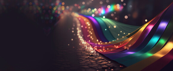 rainbow flag ribbons on ground surrounded by fairy lights background generative ai