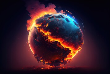 Burning earth with lava on dark background. Global warming and Environment conservation concept. Generative AI - obrazy, fototapety, plakaty
