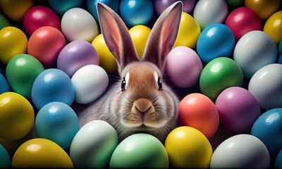 Happy Easter bunny with many colorful easter eggs, generative AI