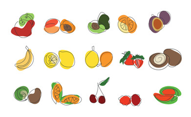 Continuous line Fruits.Design element for grocery store, vegetable shop. Vector illustration.