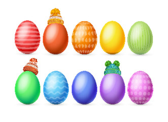 Realistic Detailed 3d Different Color Easter Egg and Knitted Hat Set. Vector illustration of Painted Eggs