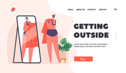 Young Girl Getting Outside Landing Page Template. Female Character Trying on Clothes. Woman in Linen with Dress in Hands