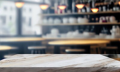 Marble countertop with a blurred background of the interior of the kitchen cafe restaurant, generative AI
