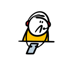 A funny blogger with headphones and a microphone is broadcasting a radio program.