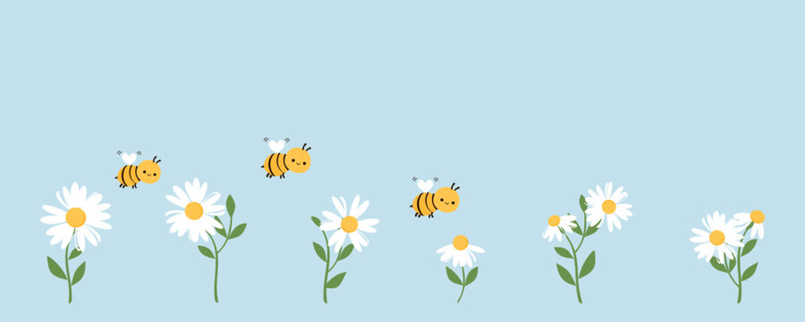 Set of daisy flower with green leaves and bee cartoons on blue background vector illustration.
