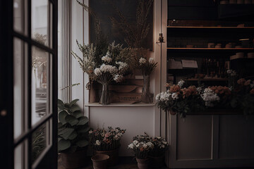 Flower shop interior. Flowers bouquets in beautiful stylish room with large windows. Floral retail. Created with Generative AI