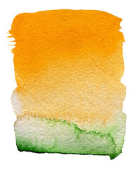 Green and orange color. Uneven edges of paint, artistic drops of watercolor. Watercolor texture on a paper background. For text, poster, template, web.