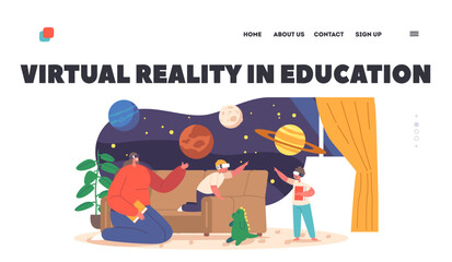 Virtual Reality in Education Landing Page Template. Mother And Children Wearing Vr Headsets Study Space