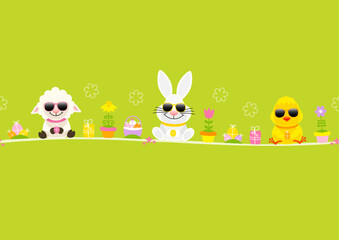 Schaf, Weißer Osterhase & Küken Sonnenbrille Icons Karte Grün