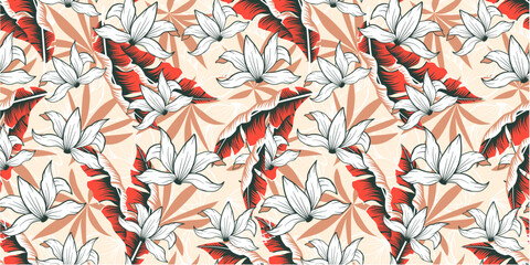 Original seamless tropical pattern with bright plants and leaves on a pastel background. Jungle leaf seamless vector floral pattern background. Beautiful exotic plants.  
Colorful stylish floral.