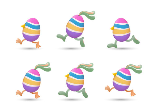 Easter eggs running with combination of beaks and legs of chicks, ears and legs of bunnies painted with stripes set