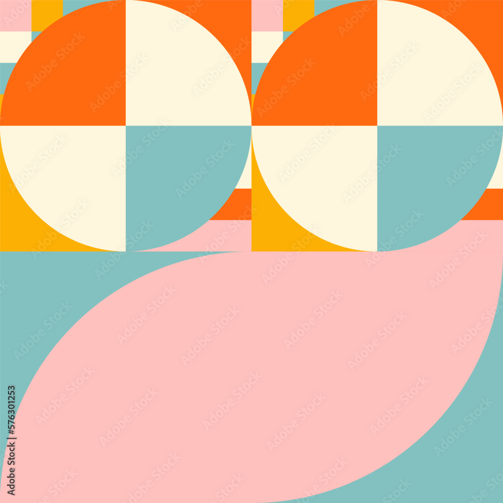 Poster Simple geometric seamless pattern. Modern abstract background with circle, semi circle, square, rectangle stripe shapes in pastel colors.