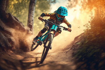 Fototapeta na wymiar The Thrill of kid Motocross: Child Riding a Bike with Speed and Emotion, Feel the Adrenaline and freedom of Riding a Motocross Bike ai generative