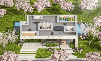 Fototapeta na wymiar 3d rendering of new concrete house in modern style with pool and parking for sale or rent and beautiful landscaping on background. Fresh spring day with a blooming trees with flowers of sakura.