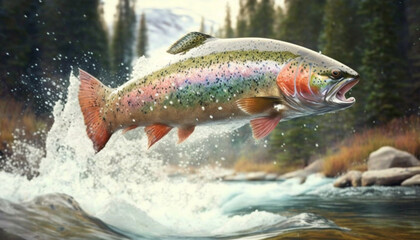 Obraz premium The Art of Catching a Rainbow Trout , generated by IA 