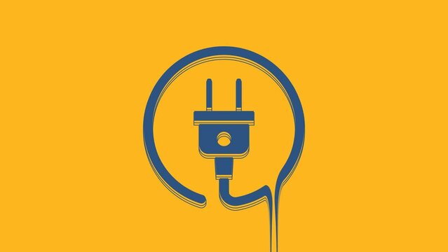Blue Electric plug icon isolated on orange background. Concept of connection and disconnection of the electricity. 4K Video motion graphic animation