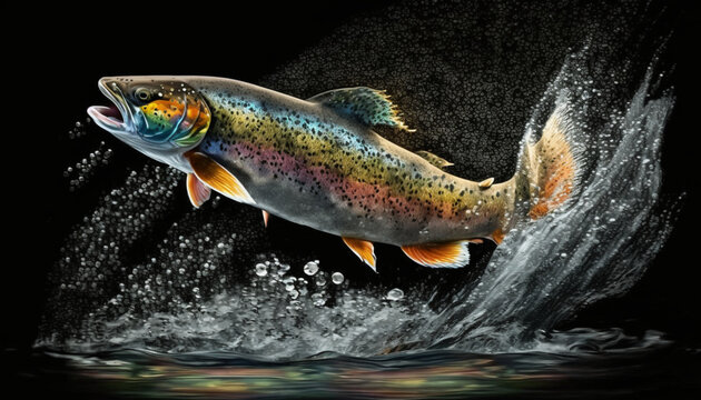 The Art of Catching a Rainbow Trout black background , generated by IA 
