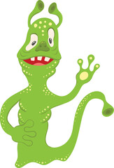 Funny cute green monster with a tail waves its paw. Isolated image on a white background.