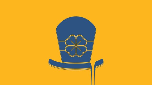 Blue Leprechaun hat and four leaf clover icon isolated on orange background. Happy Saint Patricks day. 4K Video motion graphic animation