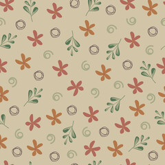 Aesthetic floral seamless pattern of scandi flowers and leaves. Whimsical flowery arrangement. Exquisite repeat texture background