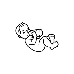 The child lies and drinks milk black line icon. Toddler development.