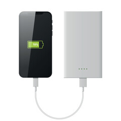 Smartphone to powerbank connection via USB cable realistic vector illustration.