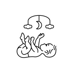 The baby lies and plays with a children's mobile black line icon. Toddler development.