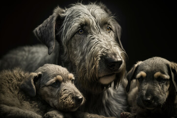 Adult Irish wolfhound dog with puppies against dark background. Generative AI