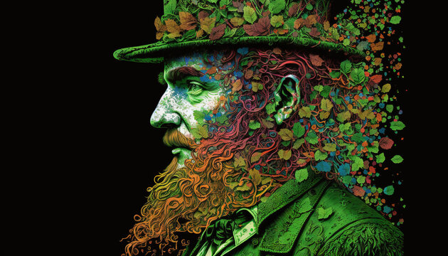 St. Patrick's day celebration background. Leprechaun man in green hat Generative ai