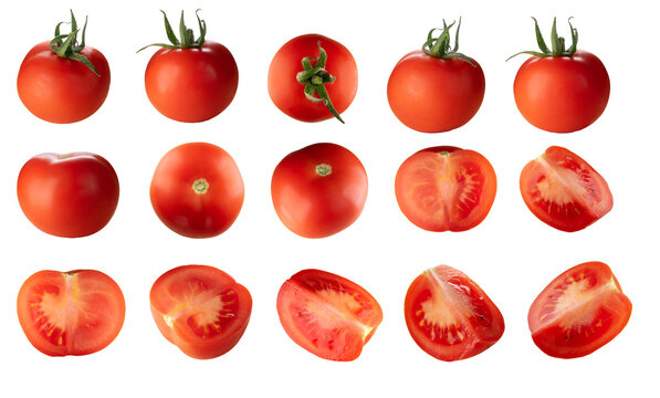 Collection of red tomatoes on isolated white background, close, side, top view