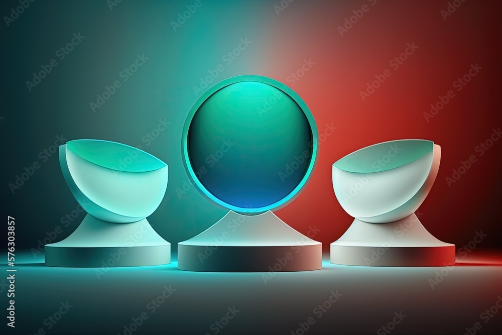 Poster three empty blue half sphere podiums afloat in front of a vivid background, illuminated only by the 