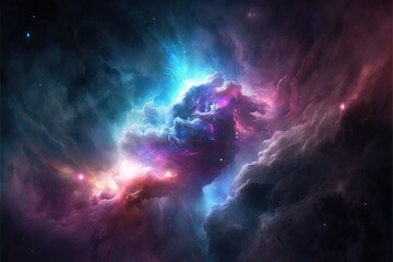 Obraz na płótnie Canvas A cosmic luminous nebula background. Beauty of endless cosmos. Science fiction art. Generative AI illustration.