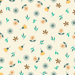 Dainty floral seamless pattern of scandi flowers and leaves. Whimsical flowery arrangement. Aesthetic repeating texture background