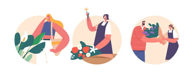Fototapeta premium Flower Shop Isolated Round Icons or Avatars. Saleswomen Making Floral Compositions and Sell Bouquets, Customer Buying