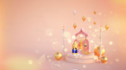 Ramadan kareem 3d rendering with Turkish traditional lantern and Mosque on pink background