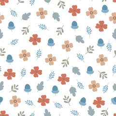 Dainty floral seamless pattern. Surface pattern of scandi flowers, leaves and acorns. Exquisite repeat textured background