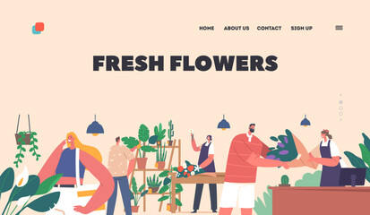 Floristic Store Landing Page Template. Flower Shop Interior with Customers Choosing and Buying Fresh Flower Bouquets