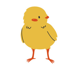 Hand drawn cute cartoon illustration of standing small chick. Flat vector spring Easter design sticker in colored doodle style. Сhicken, bird nestling icon or print. Isolated on background.