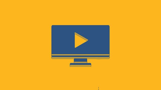 Blue Online play video icon isolated on orange background. Computer monitor and film strip with play sign. 4K Video motion graphic animation