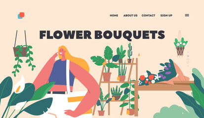 Woman Choose Bouquet in Flower Store Landing Page Template. Young Female Character Standing in Floristic Shop