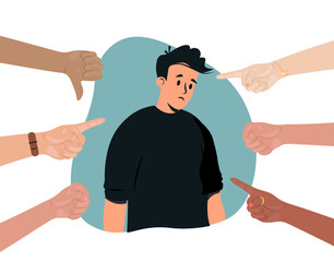Hands pointing at victim, bullying and judging. Manipulation, condemnation, disgrace concept. Children bullying behavior. Society shaming, blaming man. Flat vector illustration isolated on white - obrazy, fototapety, plakaty