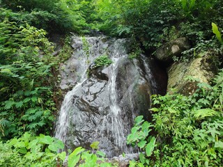 water flows over a large rock, at the foot of the mountain.