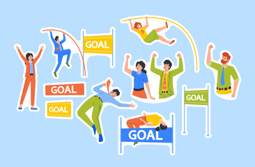 Fototapeta premium Set of Stickers Business Characters Jump over the Hurdle Isolated Patches. Business Man or Woman Fight for Leadership