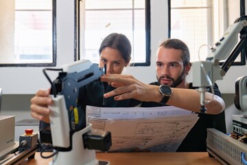 An engineer in research development robotic factory checking prototype of automation robot arm