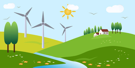 background with sky, clouds, sun, birds, country houses, mountains, trees, river, flowers and windmills in an ecologically clean and idyllic environment